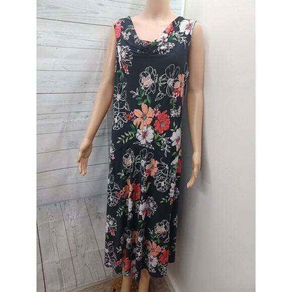 Signature Robbie Bee Black Floral Midi Dress Sz L Sleeveless Lagenlook - Picture 1 of 11